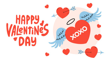 Happy Valentines day simple banner with hearts. Red heart with angel wings. Cute flying symbol Cupid. Romantic horizontal Background with lettering. Festive congratulations. Vector flat illustration.のイラスト素材