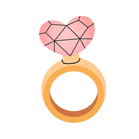 Engagement ring with diamond heart shape. Marry me concept. Wedding celebration clipart. Romantic marriage proposal. Vector flat illustration.のイラスト素材