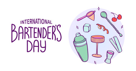 International Bartender day greeting banner. Set of elements bartender makes cocktail. Ice, shaker, stirring spoon, jigger, glass, citrus peel. Sketch style, crooked doodle. Vector illustration.のイラスト素材