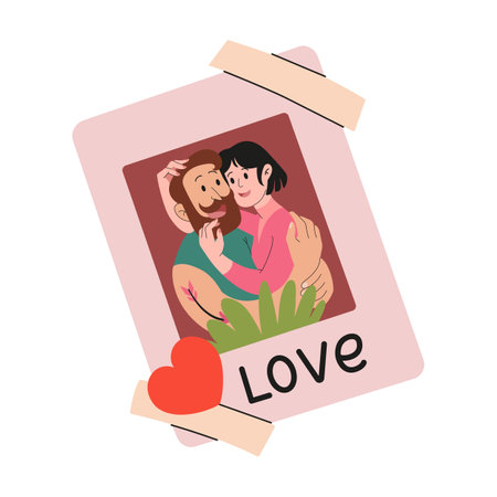 Family photo on tape. Picture of couple in love with heart sticker. Romantic Valentines Day memorable gift. Feelings and relationships. February 14 celebration card. Vector flat illustration.のイラスト素材