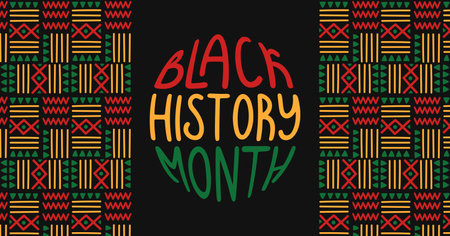 Black history month simple banner. Ethnic pattern with lettering. African-American Independence Day Background. Holiday template for card, poster. Vector flat illustration.のイラスト素材