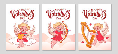 Valentines day posters set. Cute cupid with bow and arrow collection greeting Cards. Bright, romantic background. Valentines day doodle character, lettering. Amour Baby Angel. Vector illustration.のイラスト素材