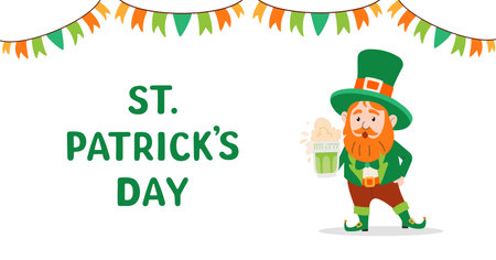 St. Patricks Day greeting banner. Leprechaun in green hat with beer. Holiday Irish background. Hand drawn elements Red beard, flag, shamrock, beer. Vector flat illustration.のイラスト素材