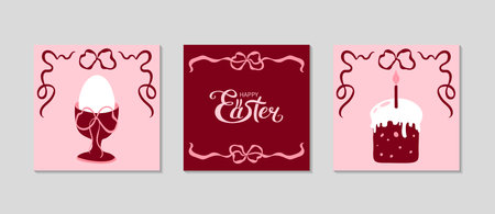 Trendy minimalistic Easter cards set. Ribbon bow, egg on cap, festive cake and lettering. Greeting...