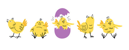 Set of cute Easter yellow chickens in doodle style. Hand drawn collection character in different...