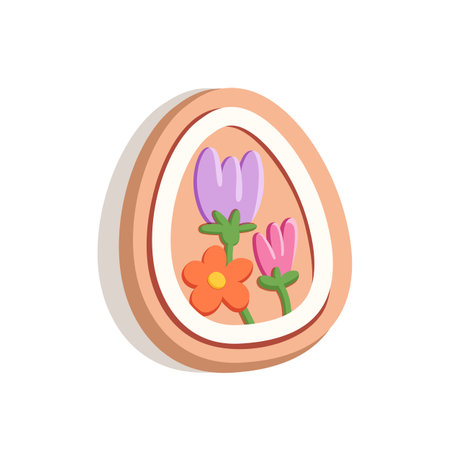 Cute Easter Cookie shaped egg with flowers. Cookie is decorated with icing in pastel shades. Festive sweet pastries. For greeting cards, packaging, festive menu. Cute vector cartoon illustration.のイラスト素材