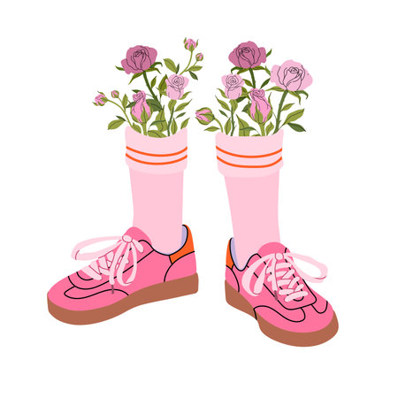 Womens pink sneakers with knee socks and flowers. Sports spring fashion. comfortable clothes and shoes. Delicate pink roses in trendy minimalist style. Vector flat illustration.のイラスト素材