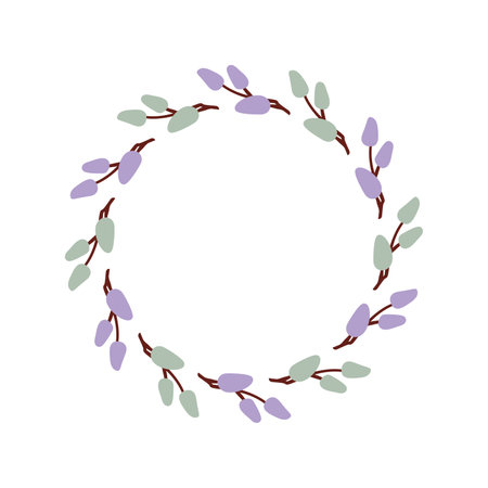 Easter willow branch wreath. Vegetable harvest in garden. Holidays spring invitation. Vector flat illustration.のイラスト素材