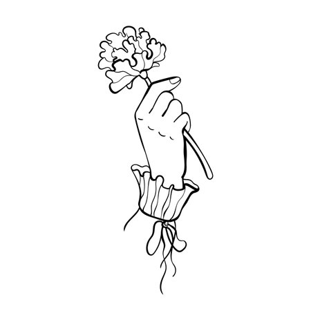 Delicate female hand in vintage ruffled sleeve gently holding flower. Minimalist doodle vector with curved outline. Ideal for feminine branding and boho design.のイラスト素材