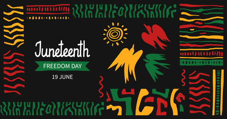 Juneteenth celebration horizontal banner template. Background with Abstract ethnic ornament and bird of freedom. curved drawn stripes. African-American Independence Day. Vector doodle illustration.のイラスト素材