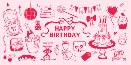 Happy birthday doodle set with bento cake, balloon, champagne in bucket, glasses with bows. Festive decorations on pastel background. Vector illustration in Coquette Aesthetic style.のイラスト素材