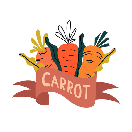 Bright and playful postcard with cute cartoon carrot and ribbon. Perfect for farm market, kid print, packaging. Flat minimal style, vector illustration.のイラスト素材
