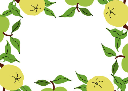 Bright apple frame illustration with green apples, leaves on white background. Space for text. Perfect for invitation, autumn promotion, and farmers market ads. Flat vector illustration.のイラスト素材