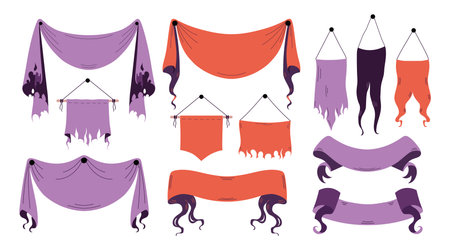 Set of Halloween flag and garland in autumn color palette. Collection of Halloween banner and curtain. Perfect for party invitation, web design and festive decor. Hand drawn vector illustration.のイラスト素材