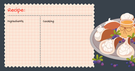 Charming recipe card featuring plate of Cute recipe card with delicious Arab pancakes and honey. Perfect for sharing dessert recipes. Ideal for food blog, cooking tutorial. Vector flat illustration.のイラスト素材
