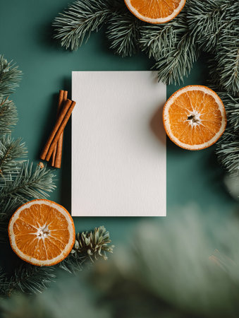 Top view blank paper card framed with fir needle, orange slice and cinnamon stick on green background. Ideal for Christmas invite, greeting, menus, brand mockup, flyer, print, social post, web banner.の素材