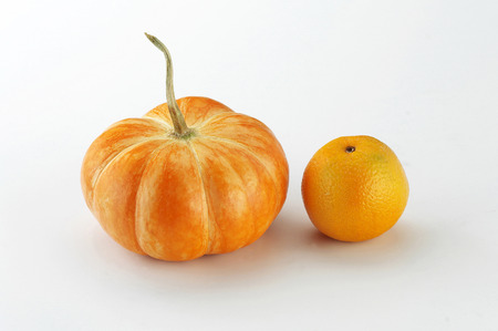 Studio shot of a pumpkin and an orangeの写真素材