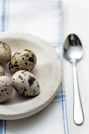 Quail eggs in a plate with a spoon besideの写真素材