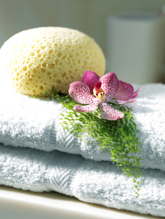 Body sponge and flower on a stack of towelsの写真素材