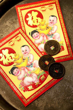 Red packets and coinsの写真素材
