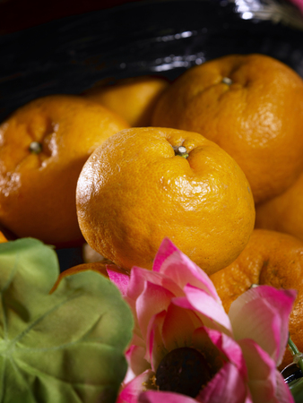 close up of mandarin oranges in the basketの写真素材
