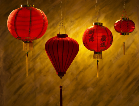 Different shapes of Chinese lanterns in a rowの写真素材