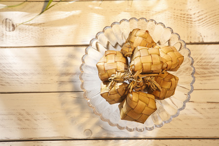 top view ketupat on the glass plateの写真素材