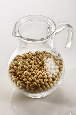 jar with the soy bean on the plain backgroundの写真素材