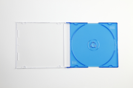 Studio shot of plastic CD or DVD case on plain backgroundの写真素材