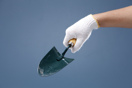 Hand holding garden trowel on coloured background.の写真素材