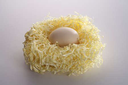 egg resting on the yellow strip paper form a nestの写真素材