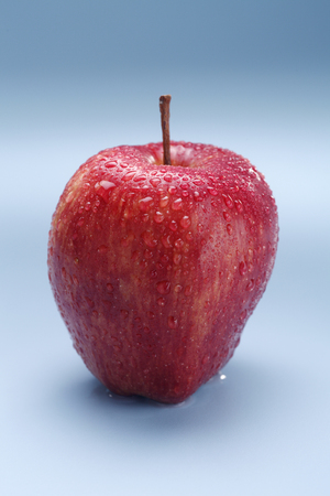 Wet red apple isolated on coloured background.の写真素材