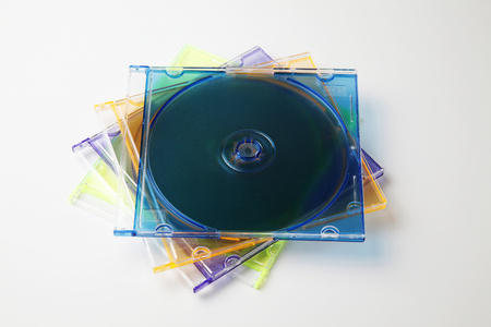 Studio shot of plastic CD or DVD case on plain backgroundの写真素材