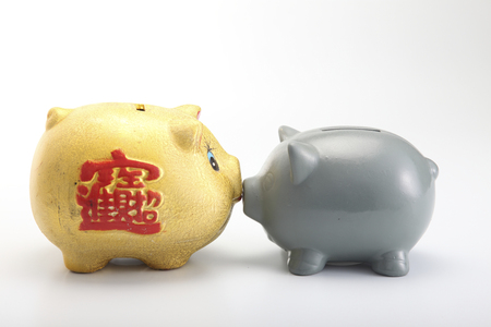 Golden Pig piggy bank with another grey piggy bank.の写真素材