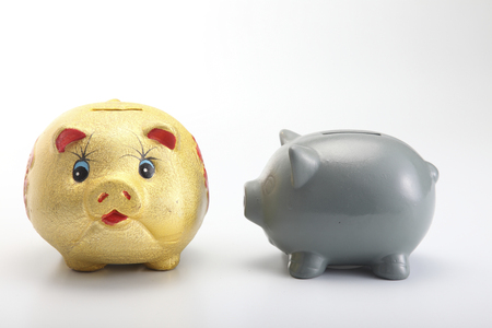 Golden Pig piggy bank with another grey piggy bank.の写真素材