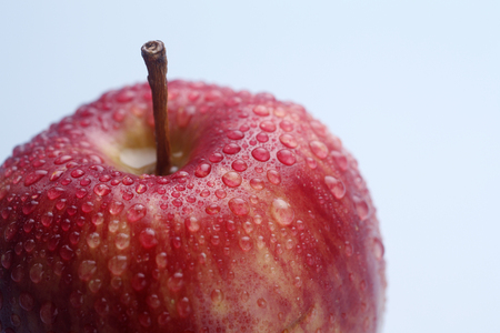 Wet red apple isolated on coloured background.の写真素材
