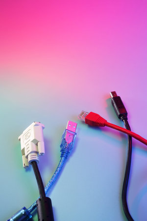 few different of the computer cable on the colorful background