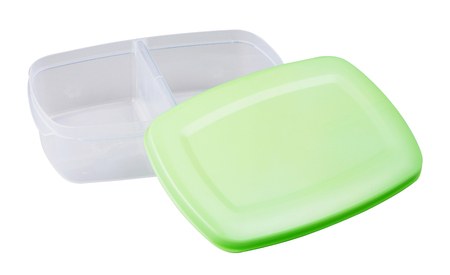 Plastic food storage containers isolated on white background.の写真素材