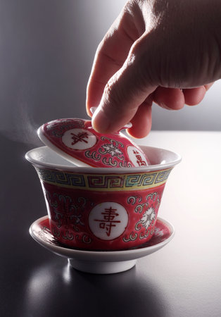 close up of a cup of hot chinese teaの写真素材