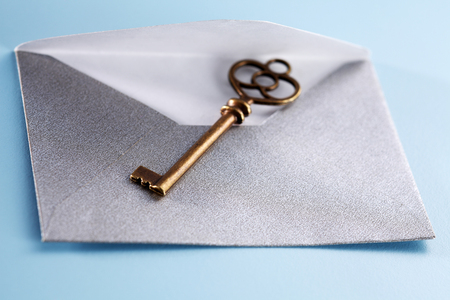 close up of the key and open envelopeの写真素材