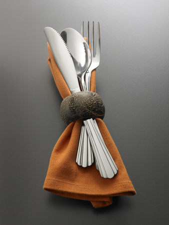 Fork, knife and spoon set and napkin holderの写真素材