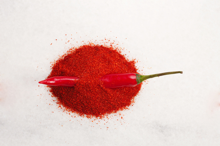 chilli powder and fresh chilliの写真素材