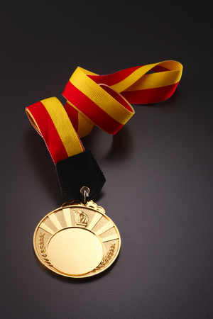 medal with a laurel branch on a striped ribbonの写真素材