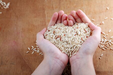 close up of hand holding brown riceの写真素材