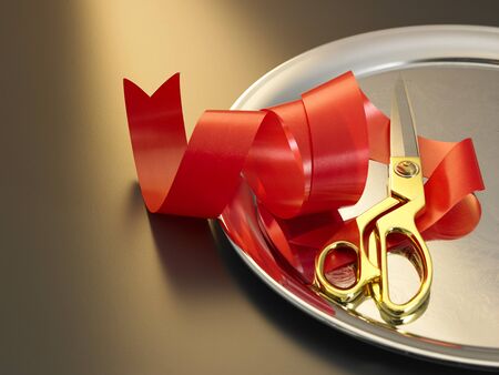 scissors and red ribbon for opening ceremonyの写真素材