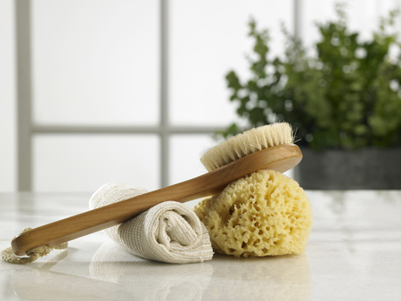 brush ,sponge and rolled up hand towelの写真素材