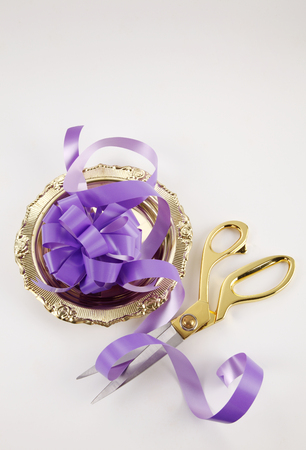 cutting purple ribbon -open ceremony conceptの写真素材