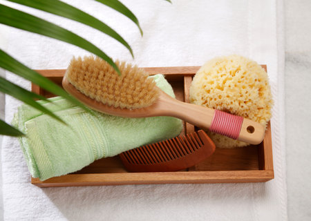 top view of the bathroom products,sponge,brush,comb and towelの写真素材