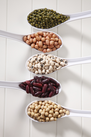 variety of beans group in five spoonsの写真素材