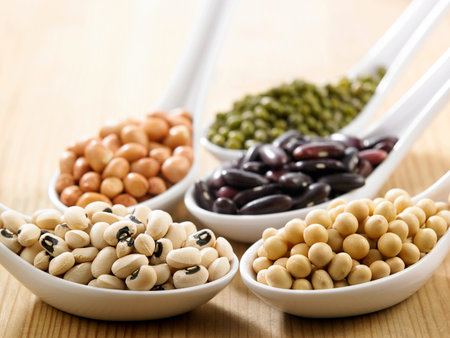 variety of beans group in five spoons